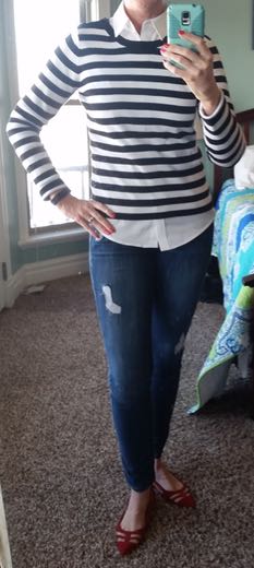 Black and white striped sweater, white button shirt, destroyed jeans, red flats