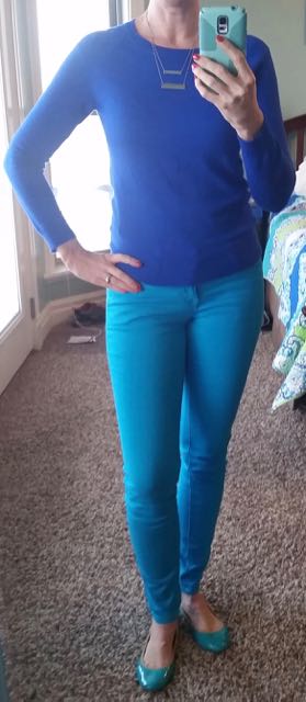 Cobalt blue sweater, turquoise skinnies, turquoise patent flats, silver bar necklace