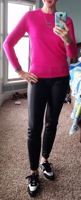 DYT T4 4/3 hot pink sweater, faux leather pants, black metallic silver sneakers, studded bracelet, bar necklace