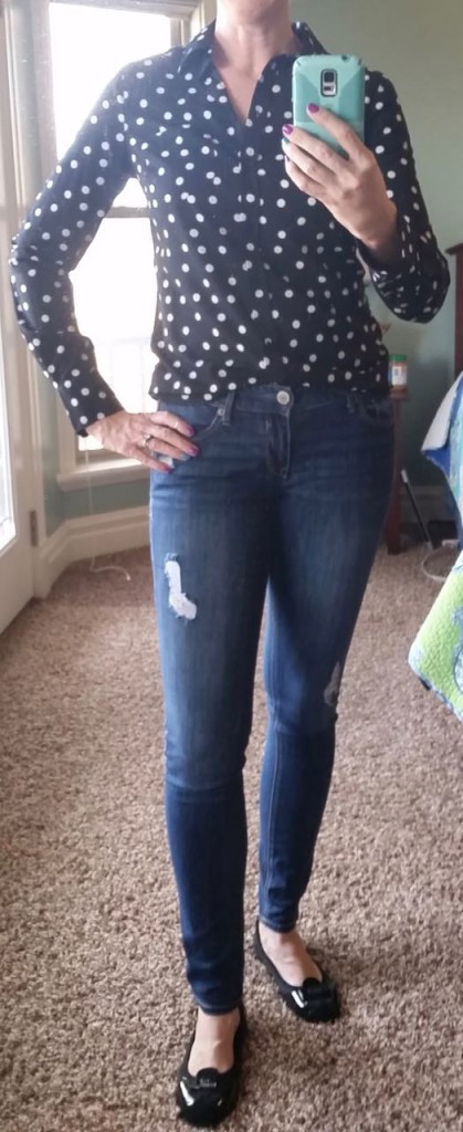 DYT type 4 4/3 outfit. Black polka dot button up, destroyed jeans, black flats
