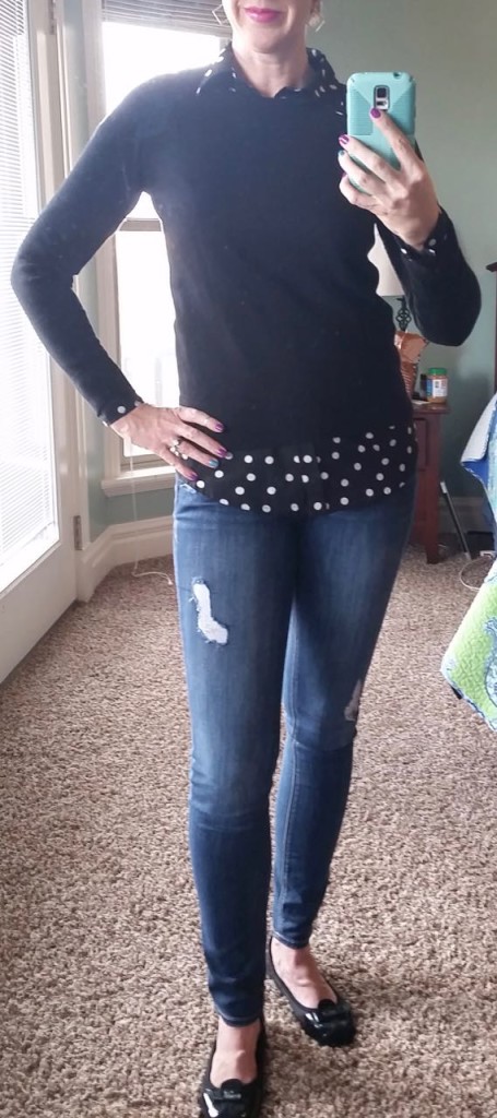 DYT type 4 4/3 outfit. Black sweater, black and white polka dot button up, destroyed jeans, black flats