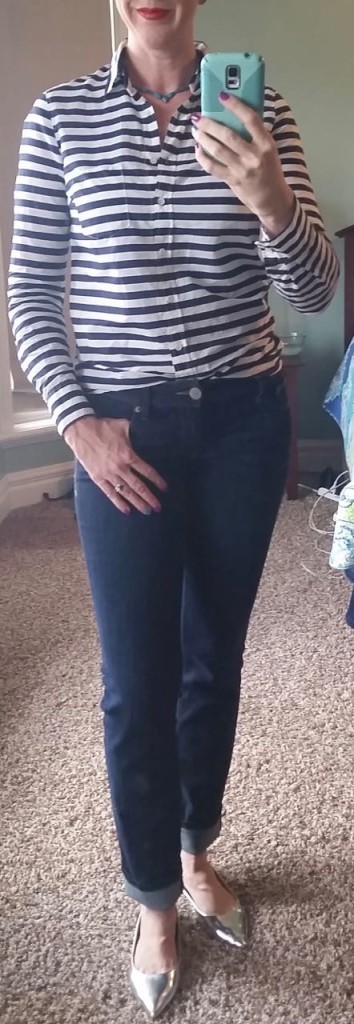DYT type 4 4/3 outfit. Striped button up, turquoise necklace, dark wash jeans, silver flats.