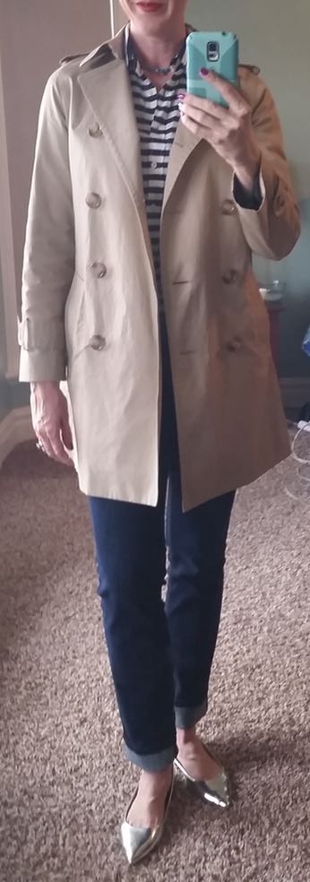 DYT type 4 4/3 outfit. Striped button up, turquoise necklace, dark wash jeans, silver flats, tan trench coat.
