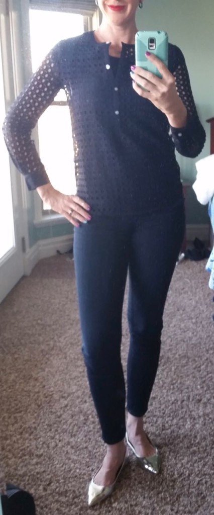 DYT type 4 4/3 outfit. Geometric lace henley, navy jeans, silver flats