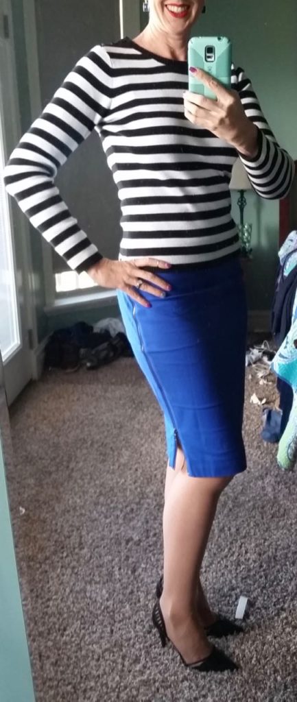 DYT T4 4/3 Black and white striped sweater, cobalt skirt with zipper, black heels