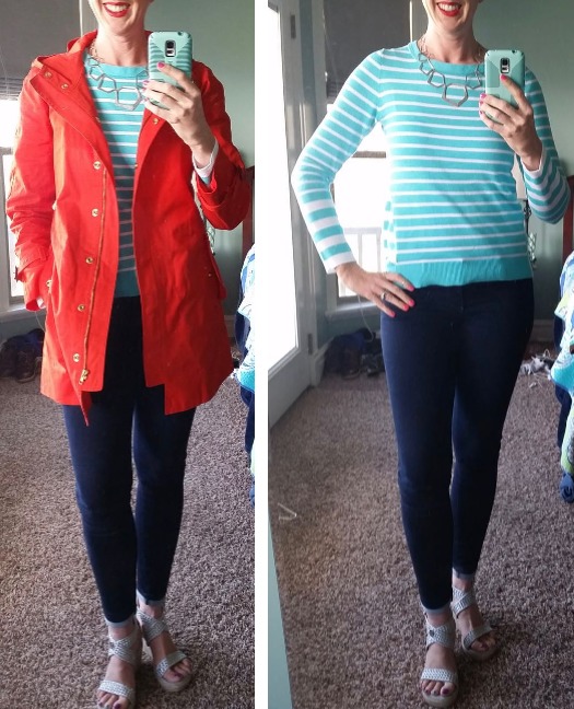 Turquoise and white striped sweater, J. Crew Matinee trench orange, silver necklace, silver wedges
