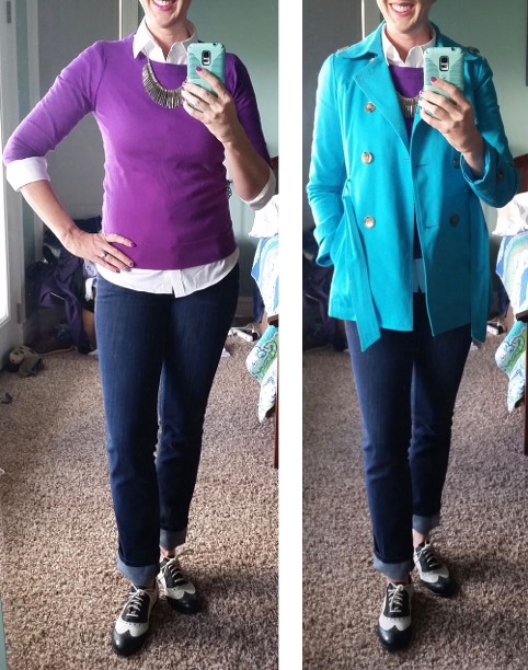 DYT T4 4/3 White button up, fiesta purple Tippi sweater, dark was skinnies, black and white spectator oxfords, turquoise trench
