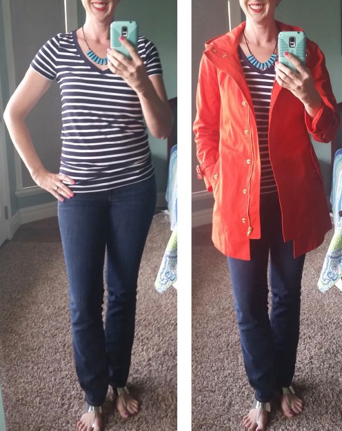 Navy and white striped shirt, turquoise Kendra Scott Angelina necklace, J. Crew matinee trench orange, silver sandals