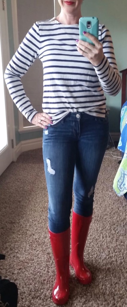 DYT type 4 4/3 outfit. Striped long sleeve tee, destroyed jeans, red rain boots.