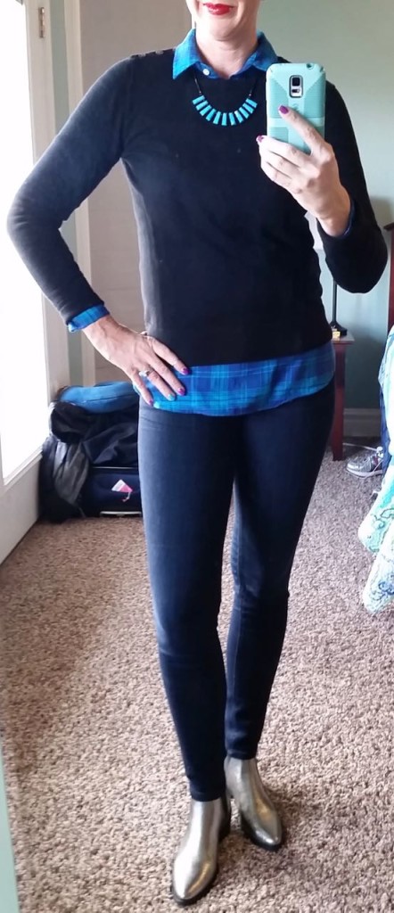 DYT type 4 4/3 outfit. Black sweater, cobalt turquoise flannel, turquoise necklace, dark wash jeans, silver chelsea booties