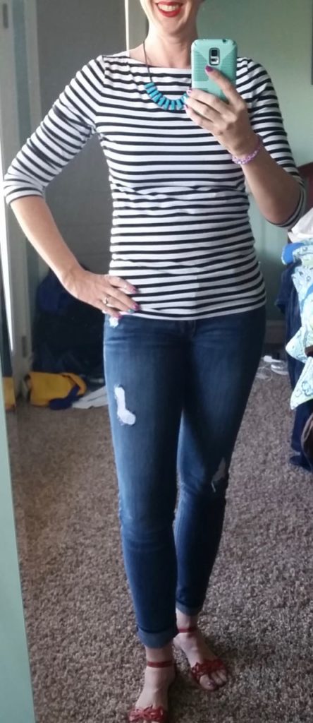 DYT T4 4/3 black and white striped tee, destroyed jeans, red sandals, turquoise Kendra Scott necklace