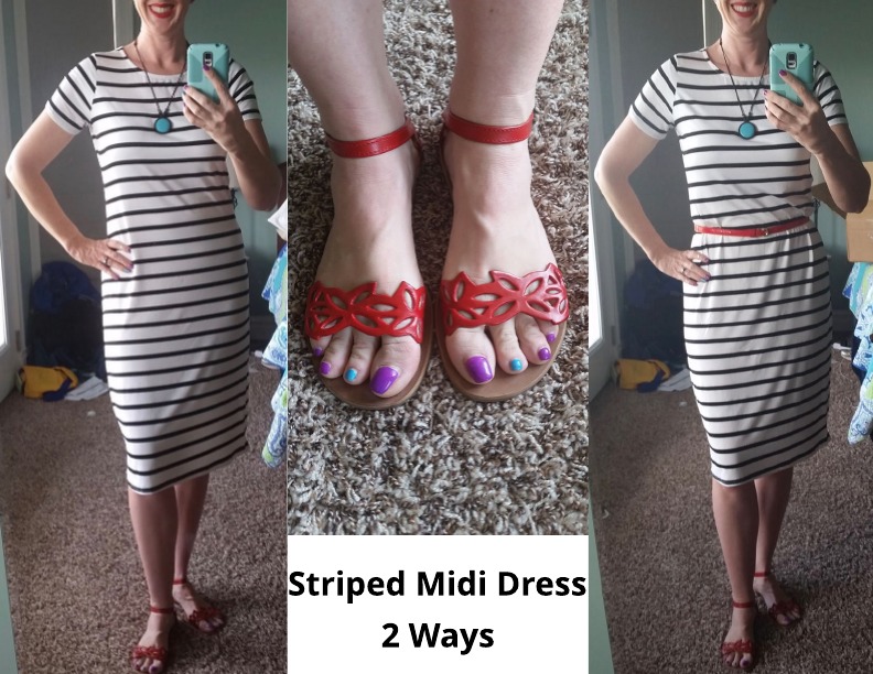 DYT T4 4/3 black and white striped midi dress two ways, red belt, red sandals